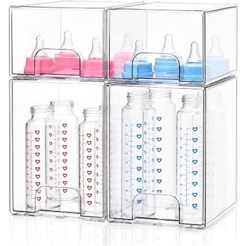 Baby Bottle Organizer, 4 Pack Clear Acrylic Stackable Storage Drawers, Baby Bottle Storage Organizer for Countertop, Nursery, Vanity & Cabinet