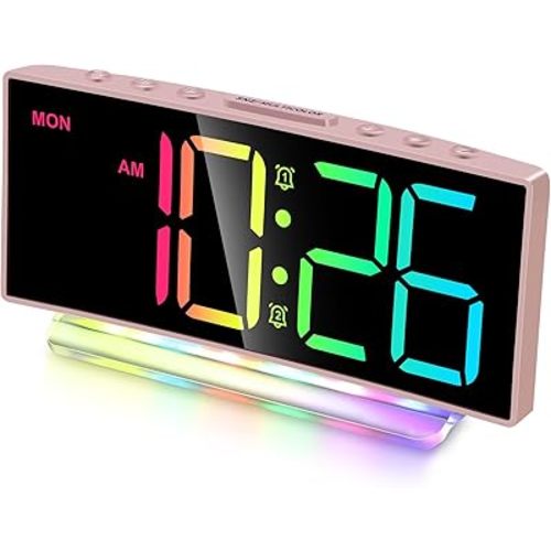 Cadmos Modern Curved Cute Digital Alarm Clock,Colorful Led Display,Adjustable Volume,Weekday/Weekend Mode,Simple Clock for Bedrooms Bedside,Ok to Wake Up for Girls,Kids,Teens (Pink+Dynamic)