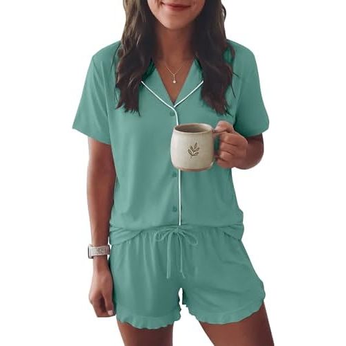 Ekouaer Womens Pajama Sets Button Down Short Sleeve Top and Shorts Cute Ruffled Pjs Sets Sleepwear