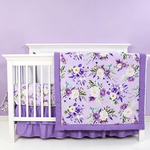 Crib Bedding Set for Girls, Purple Baby Crib Bedding Set 4 Piece, Baby Girl Nursery Bedding Set Including Comforter, Fitted Crib Sheet, Crib Skirt, Diaper Stacker, Floral