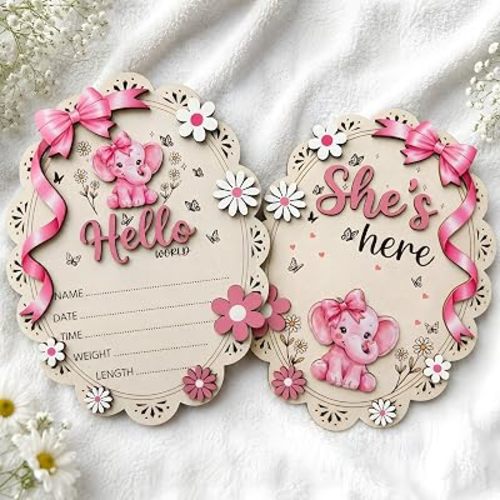 Hello World Newborn Sign, She's Here Baby Girl Announcement Sign - 8" Wooden Double-Sided Welcome Baby Sign with Elephant, Birth Announcement Hospital Photo Prop, Baby Shower Keepsake