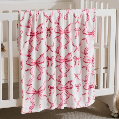 Pink Bow Baby Blankets for Girls-Soft Cute Fleece Baby Blanket-Fluffy Infant Newborn Toddler Receiving Blankets for Crib Stroller, Pink Bow Decorate Festivals Dirthdays, 30x40 Inches