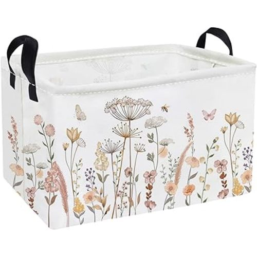 Essme Rectangular Flower Basket,Kids Storage Bins Organizer with Handles for Girls Room Decor, Gift Basket,Shelf Basket.(Beautiful Flowers)