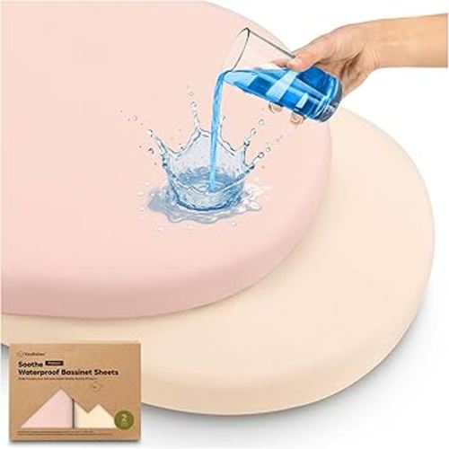 2-pk Waterproof Bassinet Sheets Girls, Boys, Cotton - 33x17 Universal Bassinet Mattress Pad Protector Cover, Compatible with Graco, Baby Delight, Chicco, Halo Bassinest Swivel Sleeper Fitted (Cameo)
