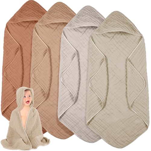 Peryiter 4 Pcs Muslin Hooded Baby Towels, 32"x 32" Cotton Newborn Bath Towel Muslin Infant Baby Blankets Absorbent Unisex Christmas Registry Gift Essentials for Girls Boys (Brown Series)
