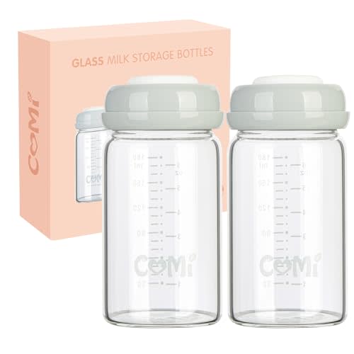 COMI Natural Glass Baby Bottle,Breastmilk Storage Bottle for Fridge,Wide Neck Breast Milk Container with Dome Cap,Fits Breast Pumps & Nipples,BPA Free,2PCS (6oz,2 Gray Lids)
