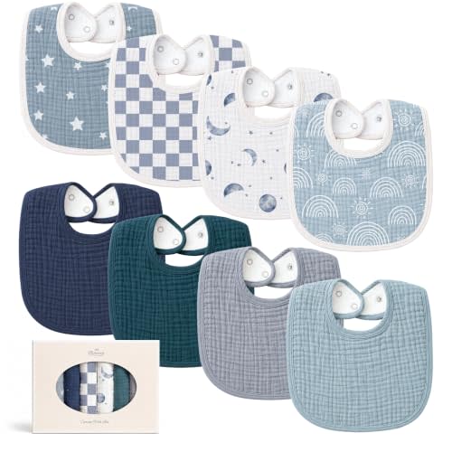 Konssy 8-Pack Muslin Baby Bibs, Adjustable Fit for Drooling and Teething | Soft Absorbent, Drool Bibs for Baby Boys Girls, Cotton Front with Fleece Backing, Newborn to Toddler 0-36M