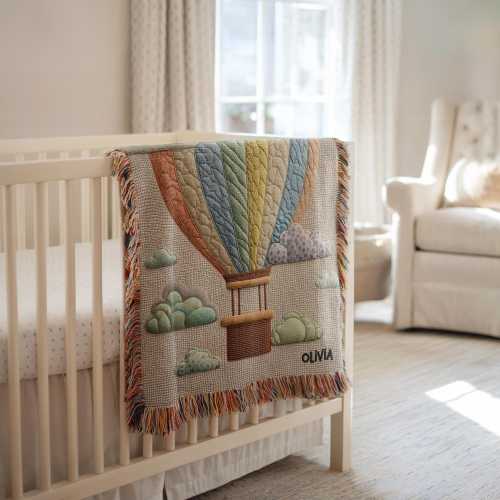 Woven Baby Name Blanket: Hot Air Balloon, Clouds, Pastel Nursery