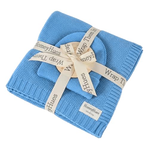 Luxury Baby Gift Set for Newborns - 100% Cotton Knit Blanket Essentials with Matching Beanie, Thoughtful Baby Shower & New Baby Gift for Boys & Girls(Dusty Blue)