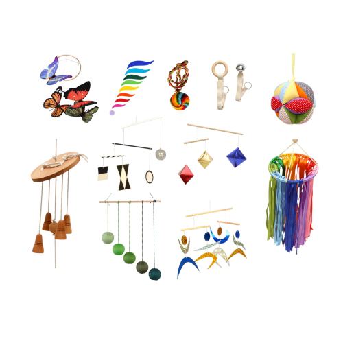 Box of Montessori Mobile, Gobbi Mobile, Montessori Bell and Ring, Tactile Mobile, Octahedron Mobile, Ribbon Mobile, Rainbow Mobile