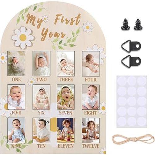 My First Year Photo Display Sign from 1-12 Months Wooden Daisy Flower Picture Frame for First Birthday Party Decorations Milestone Monthly Board for Girl One Birthday Nursery Decor Baby Keepsake Gift