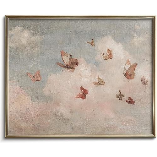 Vintage Whimsical Butterfly Wall Art Vintage Nursery Wall Art Cottagecore Girls Room Decor Cottage Butterfly Landscape Oil Art Print Country Field Style Retro Wall Decor for Gallery Living Room Bedroom (UNFRAMED 8x10in)