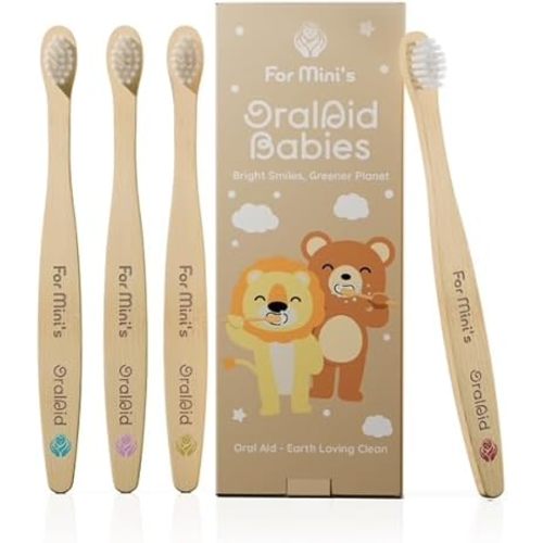 Oral Aid Bamboo Toothbrushes for Baby, Bamboo Handle, Eco-Friendly Baby Bamboo Toothbrush Set, Soft Bristle, Biodegradable Packaging, 4 Pack