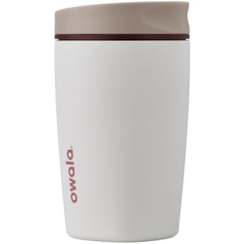 Owala SmoothSip Slider Insulated Stainless Steel Coffee Tumbler, Reusable Iced Coffee Cup, Hot Coffee Travel Mug, BPA Free 12 oz, Tan/White (Vanilla Bean)