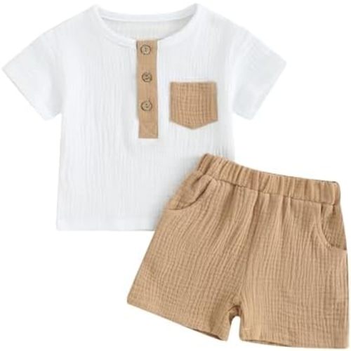 fhutpw Baby Boy Summer Outfits Henley Shirt Soft Pocket Short Sleeve Tops & Shorts Sets Infant 3 6 12 18 Months 2T Clothes