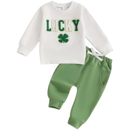 Bonangber Toddler St Patricks Day Baby Boy Outfit Lucky Letter Long Sleeve Sweatshirt Jogger Pants Set Cute Winter Clothes