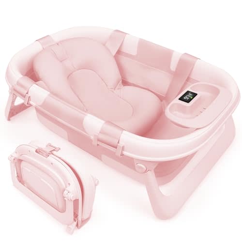 Jool Baby Fold ‘n Store Baby Bathtub – 3 Stage Collapsible Bather for Easy Storage, Portable for Travel – Built-in Thermometer (Pink)