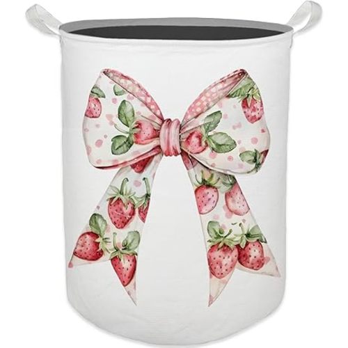 Coquette Bow Strawberry Laundry Basket, Toybox for Girls, Cute Strawberry Laundry Basket Hamper Waterproof Collapsible Clothes Toys Storage Bin Organizer for Bedroom Bathroom Girls Room Dorm