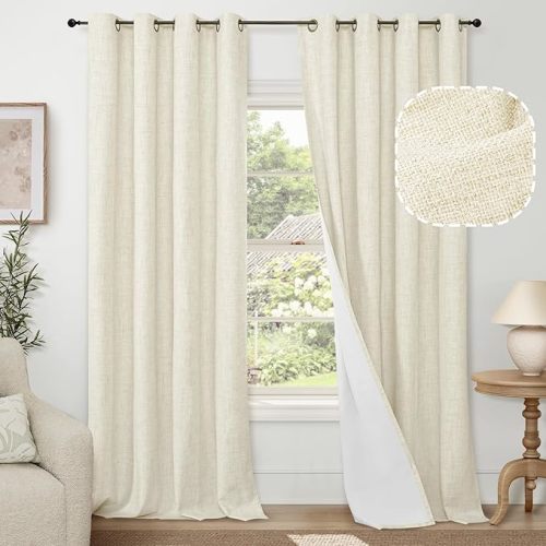 Cream 100% Blackout Curtains for Living Room 84 Inch Length 2 Panels Set, Thermal Insulated Light Blocking Faux Linen Curtains for Bedroom, Bronze Grommet Boho Window Drape Each 52" Wide