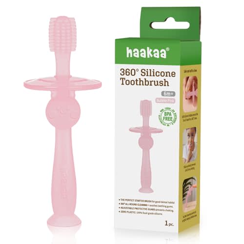 haakaa 360° Silicone Baby Toothbrush – 100% Soft Food Grade Silicone, BPA-Free, Suction Base, Safe for Babies 6 Months+, Gentle Gum and Teeth Cleaning for Infants, Gum Massager (Bubble Pink)