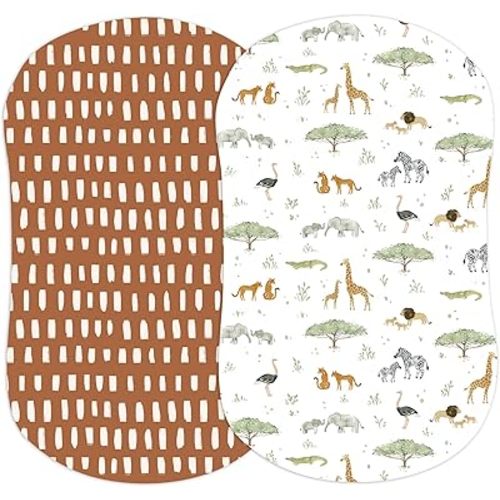 Baby Bassinet Sheets for Boy, Girl (Safari Adventures) 2-Pack - Fitted Bedside Bassinet Sheets - Buttery Soft Cotton Blend for Standard Mattress Pad - Compatible with Halo BassiNest