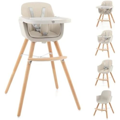 BABY JOY Convertible Baby High Chair, 3 in 1 Wooden Highchair/Booster/Chair with Removable Tray, Adjustable Legs, 5-Point Harness, PU Cushion and Footrest for Baby, Infants, Toddlers (Beige)