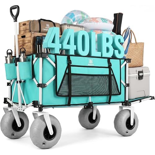 Navatiee 260L Beach Wagon with Extended Tailgate, 440lbs Heavy Duty Beach Cart with 9” Big Balloon Wheels for Sand, Collapsible Folding Wagon with Side Pocket for Outdoor, Light Blue