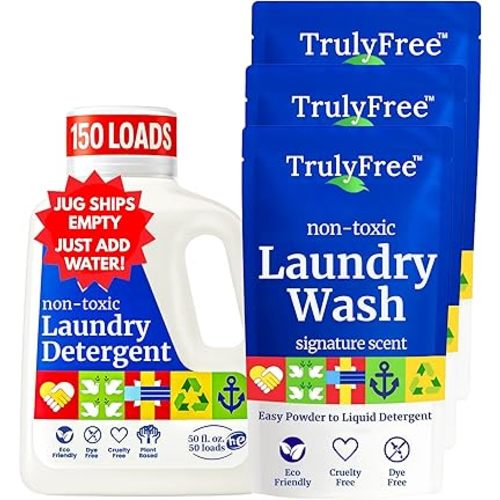 Truly Free Natural Laundry Detergent for Sensitive Skin | Eco Friendly, Plant Based, Baby Clothes Safe | Clean & Easy Powder to Liquid, 3 Pack Detergent + 1 Refillable Jug | Signature Scent 150 Loads