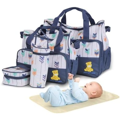 5PCS Diaper Bag Totes Set, Baby Nappy Bags for Mom Dad, Baby Diaper Organizer with Diaper Pad Bottle & Food Bag