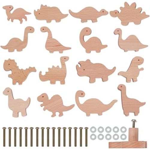 OLYCRAFT 16Pcs Wooden Animal Cabinet Knobs Dinosaur Wood Drawer Knob Decorative Wooden Dresser Knobs Natural Wood Drawer Pulls with Screws for Home Doorknob Furniture Handles Cabinets