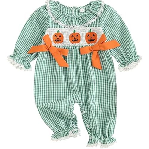 Newborn Baby Girl Halloween Outfit Doll Collar Pumpkin Jumpsuit Romper Ruffle Sleeve Bodysuit Long Overalls with Bow