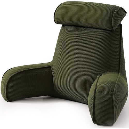Corduroy Reading Pillow, Backrest Pillow for Sitting Up in Bed, Bed Rest Back Support Cushion for Daybed Sofa Couch, Lounge Pillow with Arms, Side Pockets & Washable Cover, Avocado Green