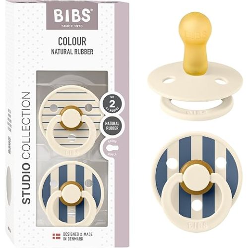 BIBS Pacifiers - Studio 2 Pack | Round Nipple Baby Pacifier | BPA Free Natural Rubber Latex Soother | Made in Denmark | Size 6+ Months | Pin Ivory Steel Blue