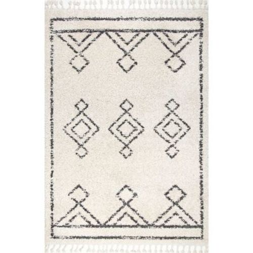 Nuloom Mackie Geometric 5x8 Shag Indoor Area Rug for Living Room Bedroom Dining Room Nursery, Off White/Charcoal