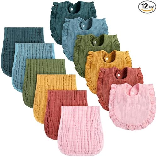 Newcotte 12 Pcs Baby Muslin Bibs and Burp Cloths Set, Cotton, Multicolor