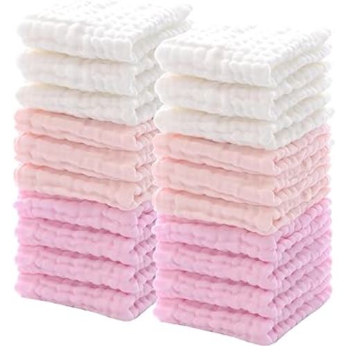 Breling 20 Pcs Baby Muslin Washcloth 12 x 12 Inch 100% Cotton Soft and Absorbent Muslin Washcloth Burp Cloth Wipe Newborn Face Towel for Baby Boy Girl Sensitive Skin(Powder Pink, White, Pink)