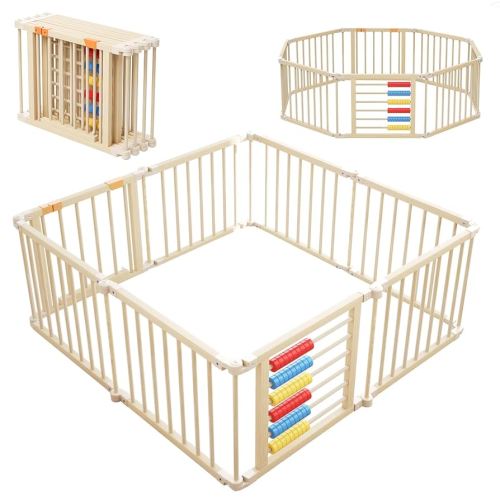 Baby Playpen,Wooden Foldable Playpen for Toddlers and Babies with Locking Gate, 8 Panels Baby Fence, Indoor Play Yard with Abacus, Kids Activity Center