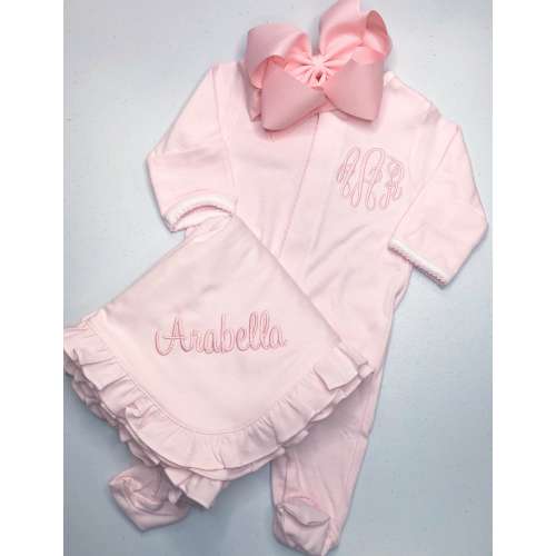 Baby girl coming home outfit, monogrammed footie, blanket, personalized outfit, pima cotton, baby shower gift, pink tiny stripes