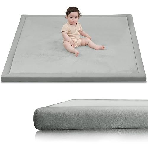Huloo Sleep Baby Play Mat for Floor,1.3" Thick Elasti-Foam 50x50 Playpen Mat for Toddlers Infant Kids,Water-Repellent Soft Coral Velvet Tummy Time Mat,Non Slip Crawling Mat,Tatami Mat(Light Grey)