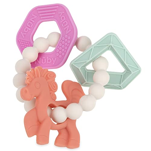 Nuby Chewy Charms Silicone Teether with Coral Unicorn, 1 Count (Pack of 1)