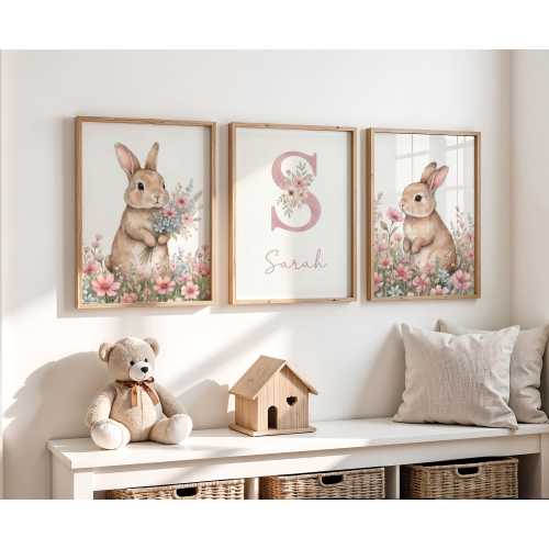 Set of 3 Pink Bunny Personalized Nursery Prints For Baby Girls Room Bedroom Decor
