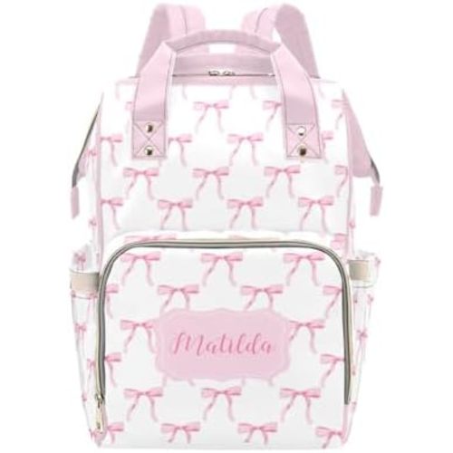 Personalized Pink Bow Diaper Bag Backpack with Name – Custom Baby Travel Tote for Mom or Dad, Nursing Bag for Girls, Shower Gift for Baby, Daycare Essentials Organizer