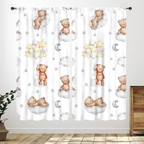 Cartoon Bear Curtains,Kids Boys Girls Cute Sleeping Bears Cloud Star Balloon Window Treatments for Nursery Toddler Baby Bedroom Living Room Classroom Drapes 2 Panels,42X45 Inch