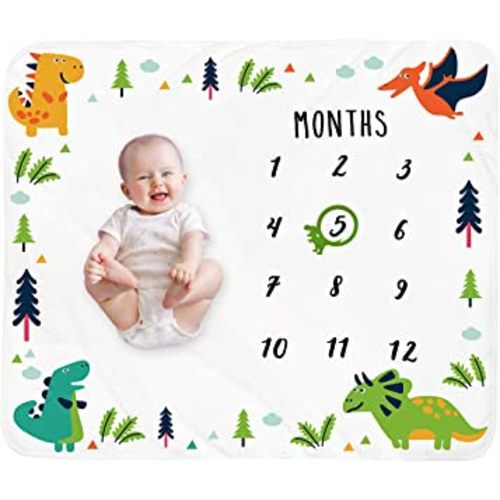 Baby Monthly Milestone Blanket Boy - Dinosaur Neutral Newborn Month Blanket for Boy & Girl Personalized Shower Gift Soft Plush Fleece Photography Background Prop with Frame Large 47''x40''