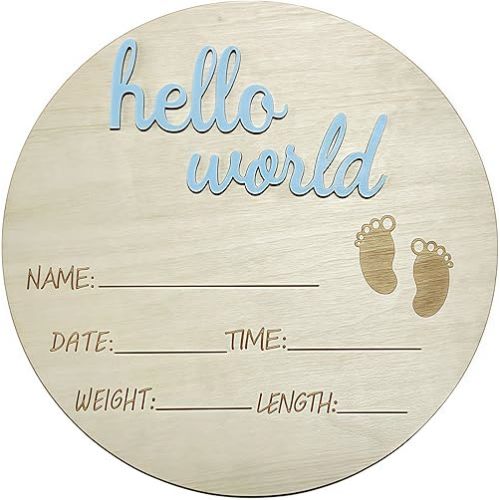 Wooden Birth Hello World Announcement Sign, Round Nursery Wall Decor, Letters with Baby Footprints, Name Date Time Weight Length Fields (BLUE)