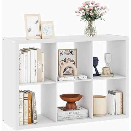 White 6 Cube Storage Organizer, 13 Inch Storage Organizer Cubes, Wooden Closet Cubby Shelving, Wood Vertical Bookshelf with 6 Cubby Shelves for Bedroom, Living Room, 14.6 x 43.8 x 30.7, White