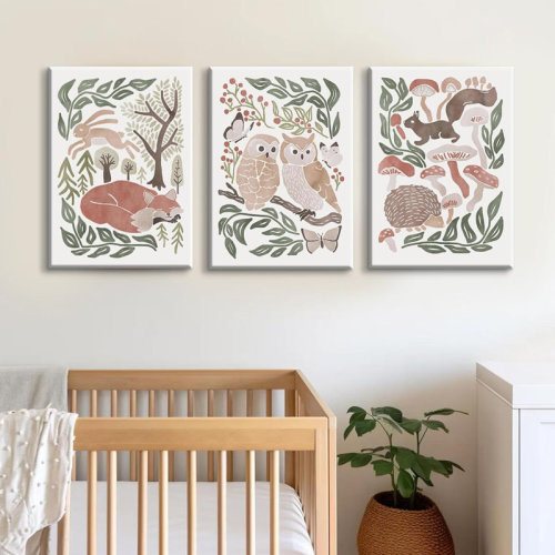 August Grove® Woodland Animals Nursery Wall Art Decor Forest Wildlife Canvas Pictures Baby Room Cottagecore Wall Art Wild Watercolor Fox Rabbit Wild Poster For Boy Kids Room Bedroom 16X24x3 Inch Wrapped Canvas | Wayfair