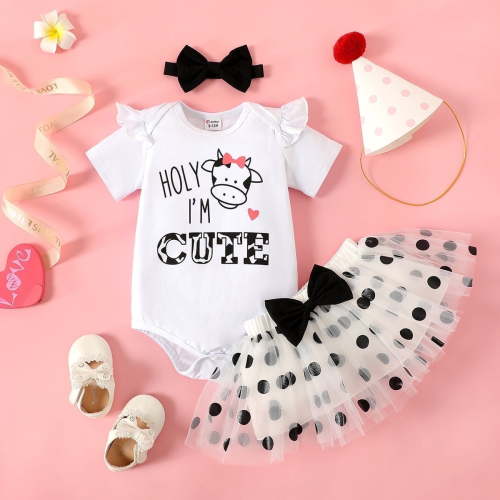 PatPat Baby Girl Cow Print Romper, Polka Dot Mesh Tutu Skirt, Ruffle Short Sleeves and Bow Headband Set
