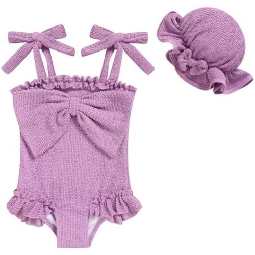 Toddler Baby Girls Swimsuit One-Piece Swimwear with Sun Hat for Summer Beach 3M-4T