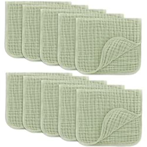 Comfy Cubs Muslin Burp Cloths 20" x 10", Pack of 10 - Large, 6-Layer, Ultra Absorbent 100% Cotton for Baby Drool and Messes - Soft, Safe & Gentle Baby Burp Cloths for Boys & Girls - Sage